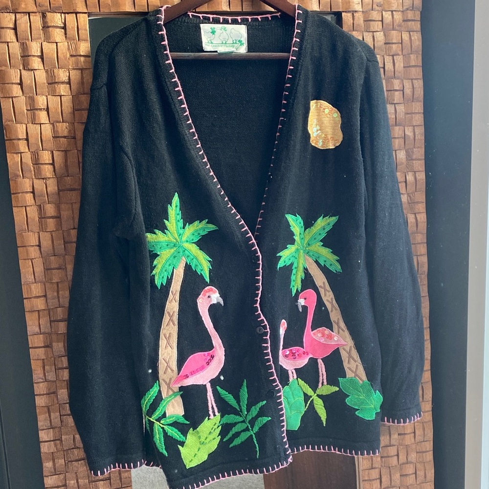 Tropical Black Cardigan with Flamingo Design